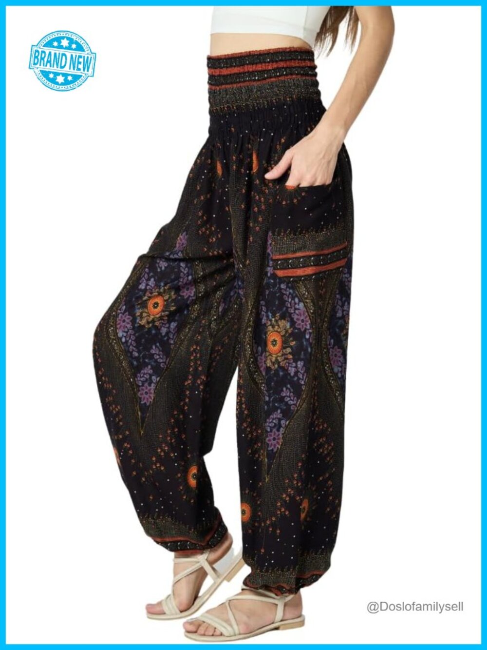 High-Waisted Boho Harem Yoga Pants with Pockets Smocked Waist